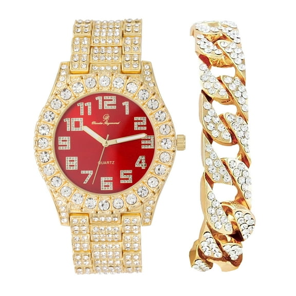 Charles Raymond Mens Big Rocks with Numerals Fully Iced Out Colorful Dial Blinged Out Hip Hop Watch - ST10327ARC Cuban Gold Blood Red