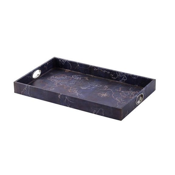 Benjara 25" Set of 2 Rectangular Decorative Trays- Gold Map Design- Deep Blue