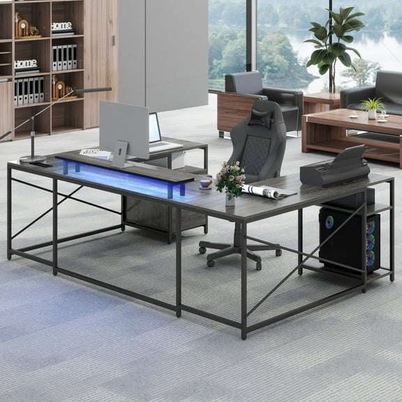Dextrus L Shaped Desk with Power Outlets & LED Lights, Reversible Computer Desk with Drawers & Storage Shelves, Large U Shaped Desk, 2 Person Corner Office Desk for Home Office,Gray