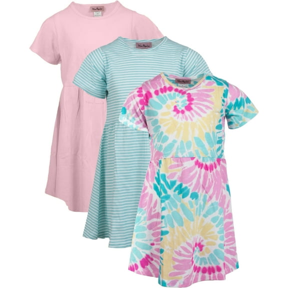 MISS POPULAR Girls 3 Pack Short Sleeve Skater Dress Soft Cotton Cute Designs Spring Summer | Sizes 4-16