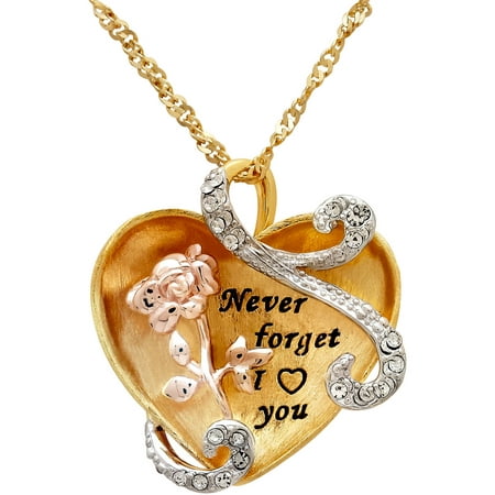 Sterling Silver and 18kt Gold Plate Concave Heart with Flowers and Crystal Pendant, 18