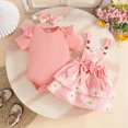 thumbnail image 2 of Xudanell Princess Outfits for Girls Newborn Romper Top Suspender Skirt Floral Dress Baby Girl Outfits with Headband Watermelon Red 0-3 Months, 2 of 9