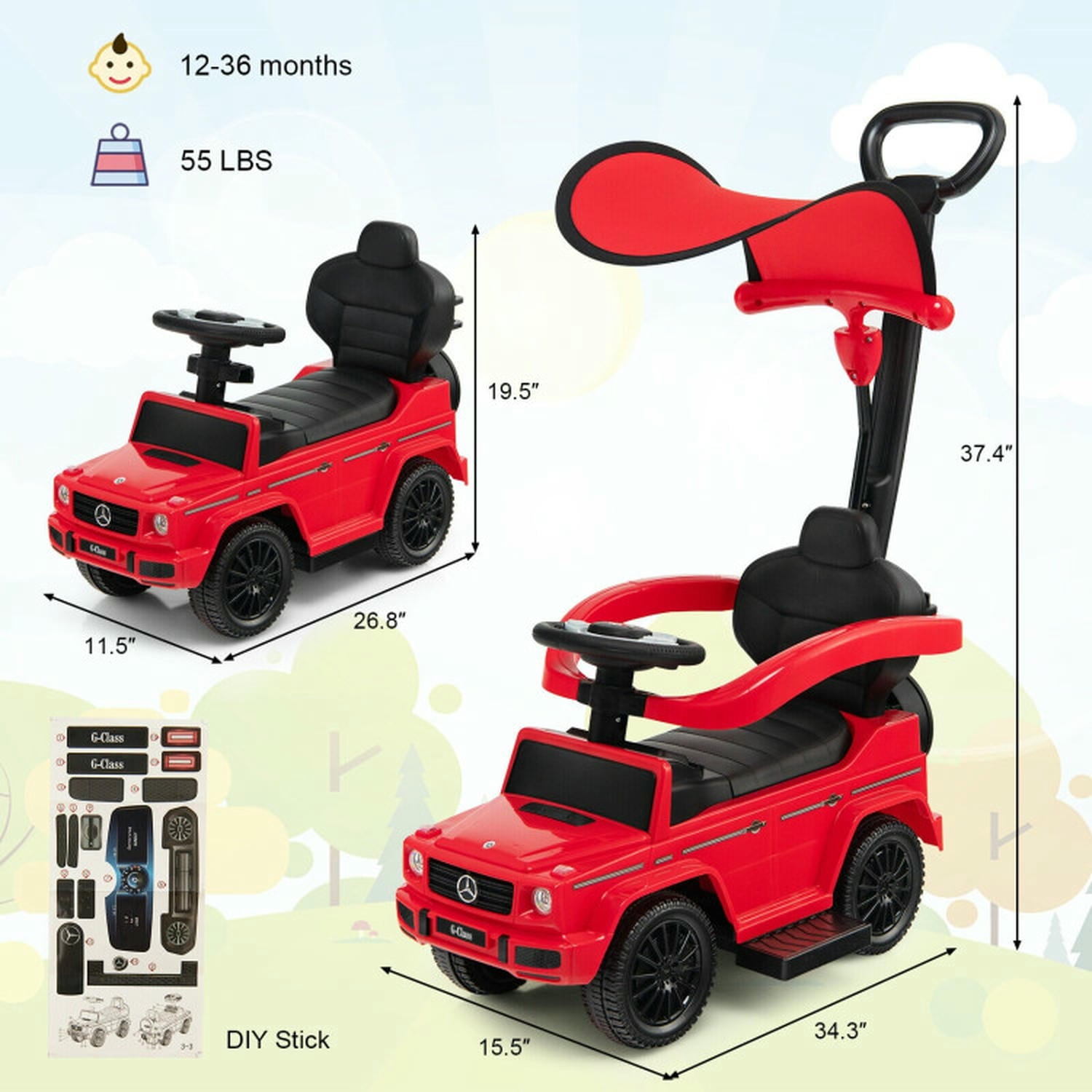Lowestbest Toddler Push Car, Kids Ride On Push Car,3-In-1 Kids Ride on Mercedes Benz G350 Push Car with Canopy,Red
