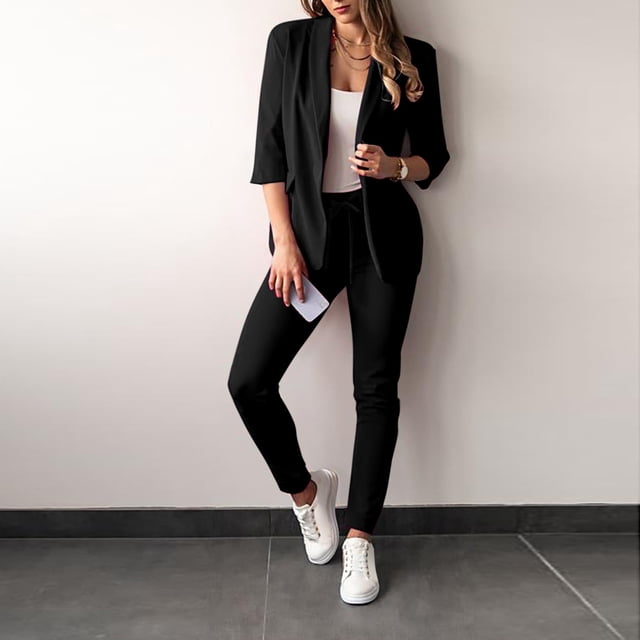 Womens Business Work Suit Set 3/4 Sleeve Open Front Blazer with Slim Fit Suit Pants Basic Office Formal Suit Sets