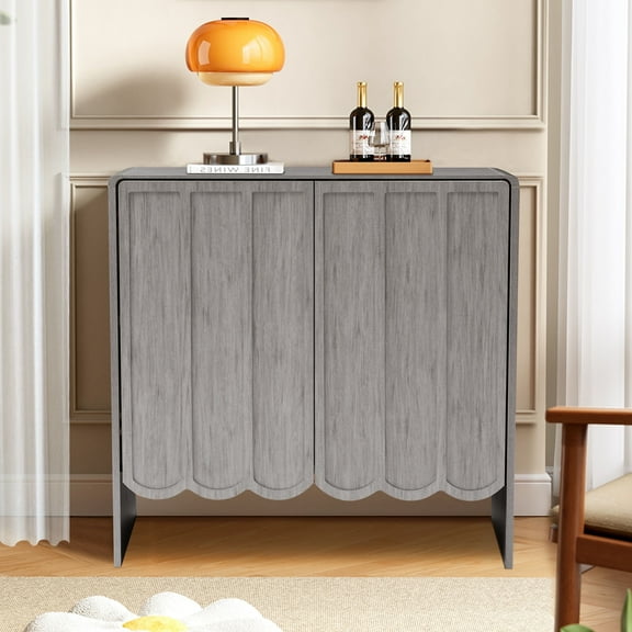 Wirrytor Cream Style Minimalist Sideboard Cabinet with Solid Wood Legs, Buffet Cabinet with Adjustable Shelves, Large Storage Cabinet with Wave Doors for Living Room,Grey