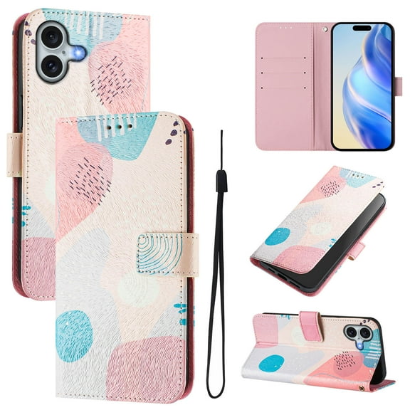 Compatible for iPhone 16 Wallet Case, Painting Pattern Premium PU Leather [Credit Card Holder] [Wrist Strap] Flip Stand Feature Purse Case Full Body Protective Pattern Phone Cover, Graffiti