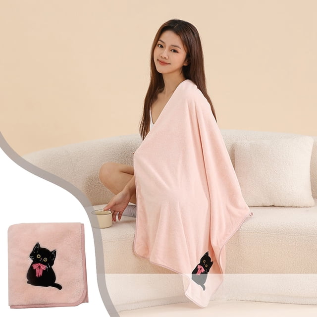 Bath Towel Cute Cat Pattern Soft Highly Absorbent Quick Dry, Large Lightweight Portable for Travel Home, Plush Coral Fleece