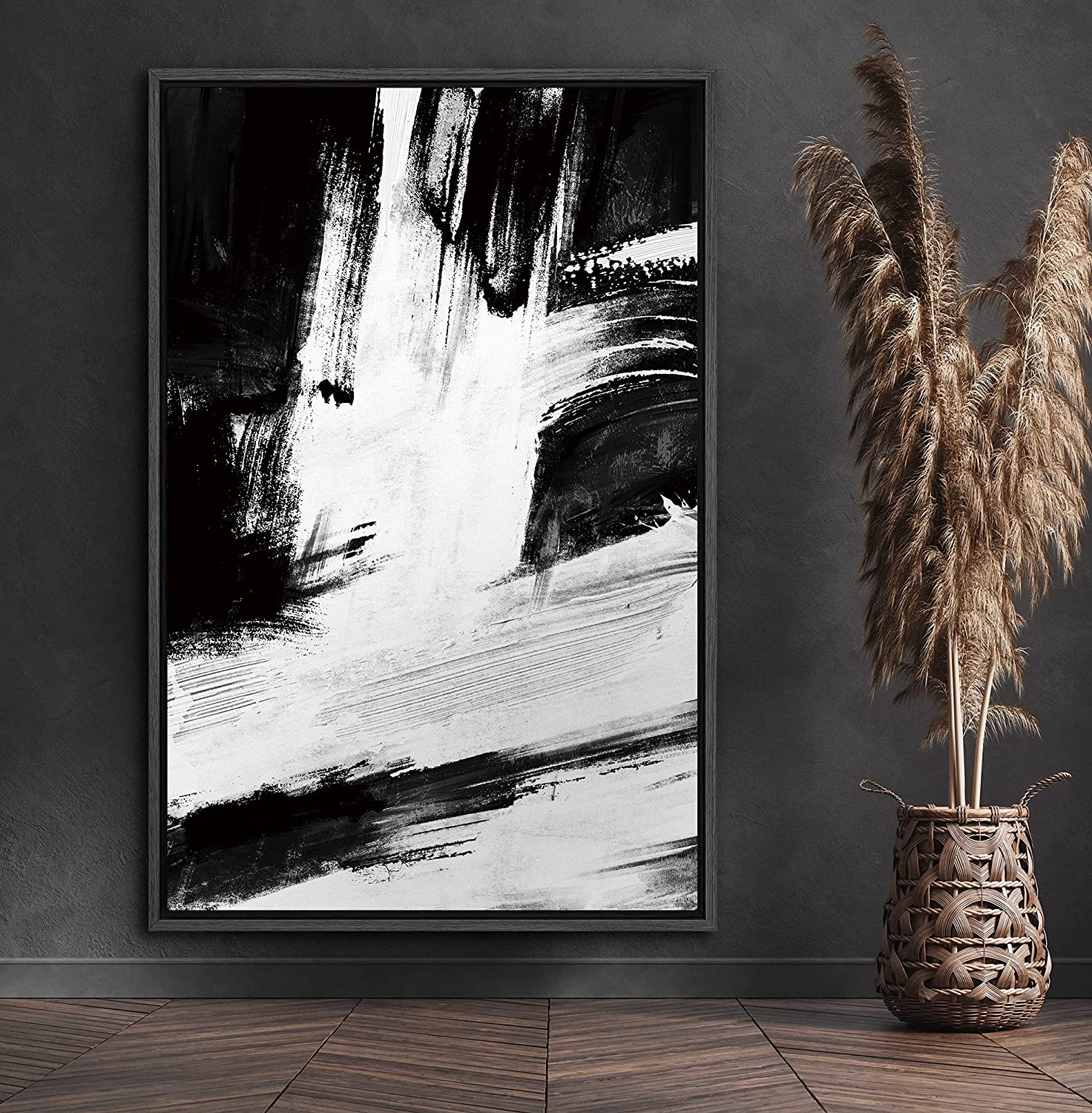 PixonSign Framed Canvas Print Wall Art White Brushstrokes on Black Background Abstract Shapes Illustrations Minimalism Alternative Edgy Dark for Living Room, Bedroom, Office - 24"x36" Black