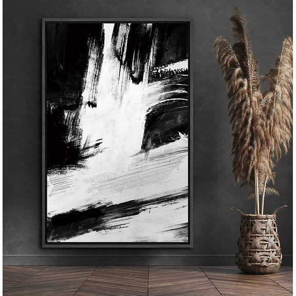PixonSign Framed Canvas Print Wall Art White Brushstrokes on Black Background Abstract Shapes Illustrations Minimalism Alternative Edgy Dark for Living Room, Bedroom, Office - 24"x36" Black