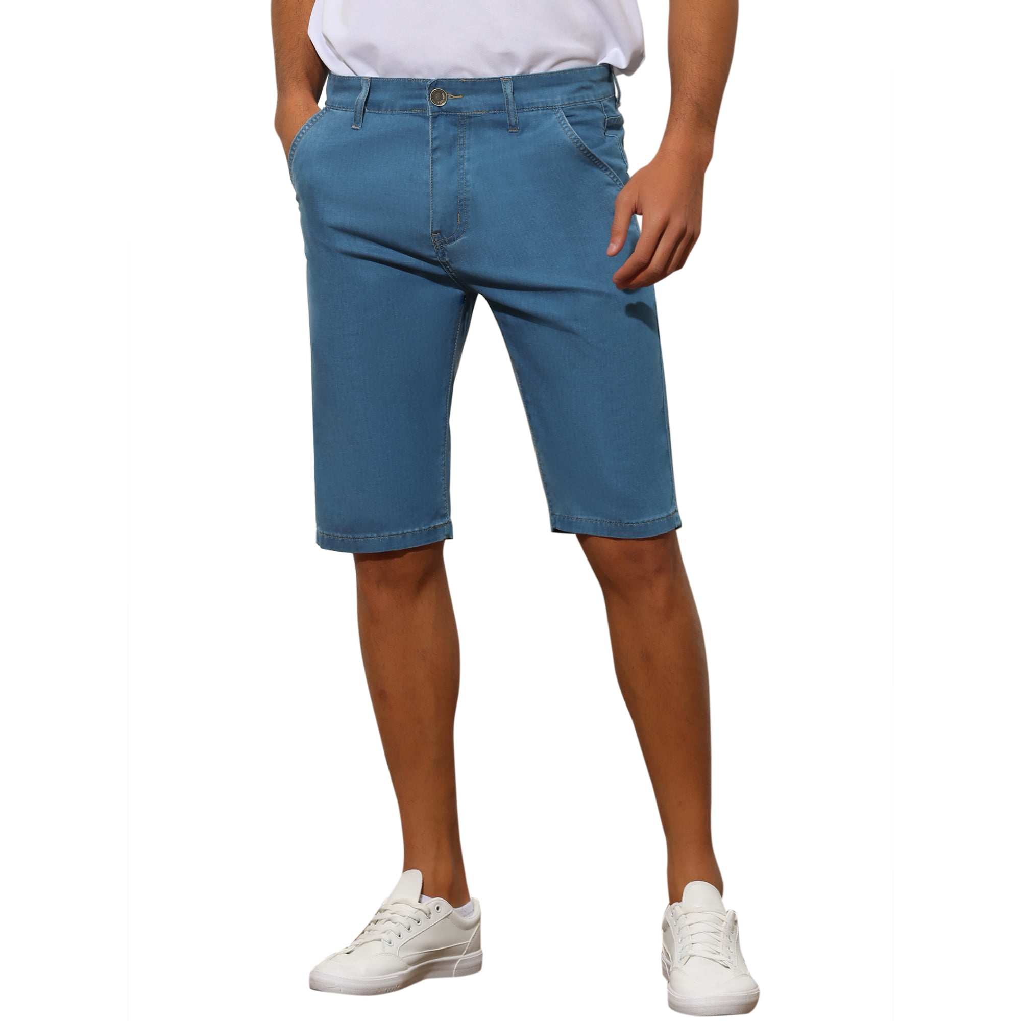 Blue jean shorts with pockets hanging out sale