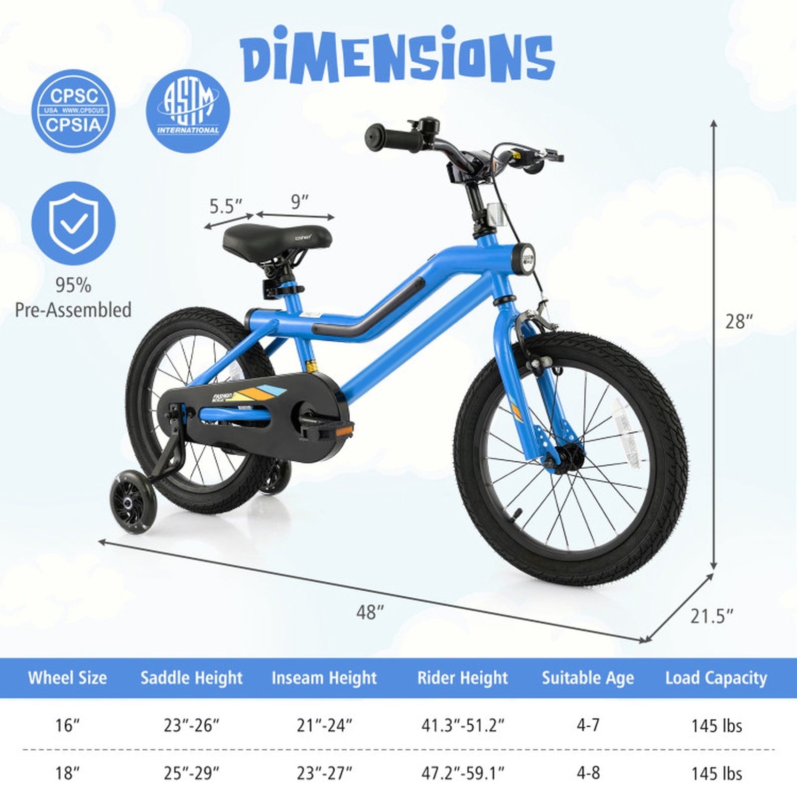 Redsmile 16 Inch Kids Bike for Boys Girls Ages 4-7, LED Lighted Kids Bicycle with Removable Training Wheels and Adjustable Seat, Carbon Steel Frame Beginner Bike, 145 lbs Capacity, Multicolor