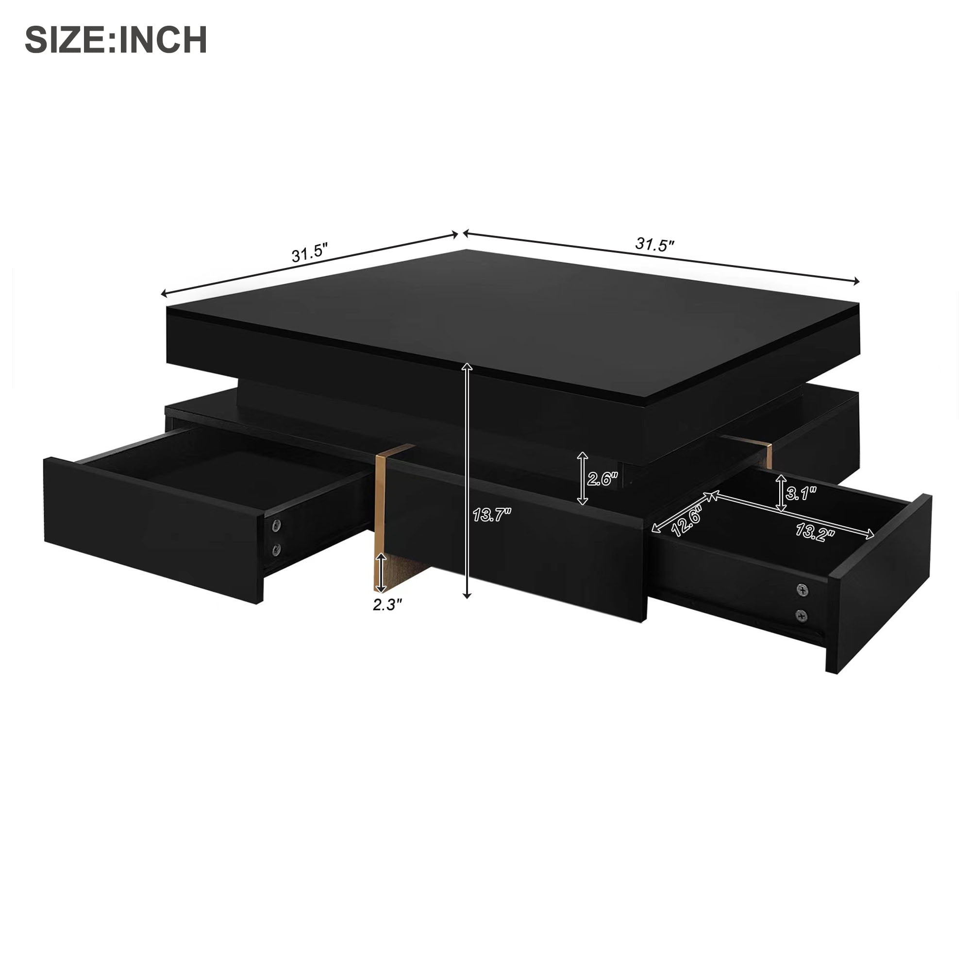 MAYEERTY Modern High Gloss Coffee Table with 4 Drawers, Multi-Storage Square Cocktail Tea Table with Wood Grain Legs, Center Table for Living Room, 31.5''x31.5'', Black