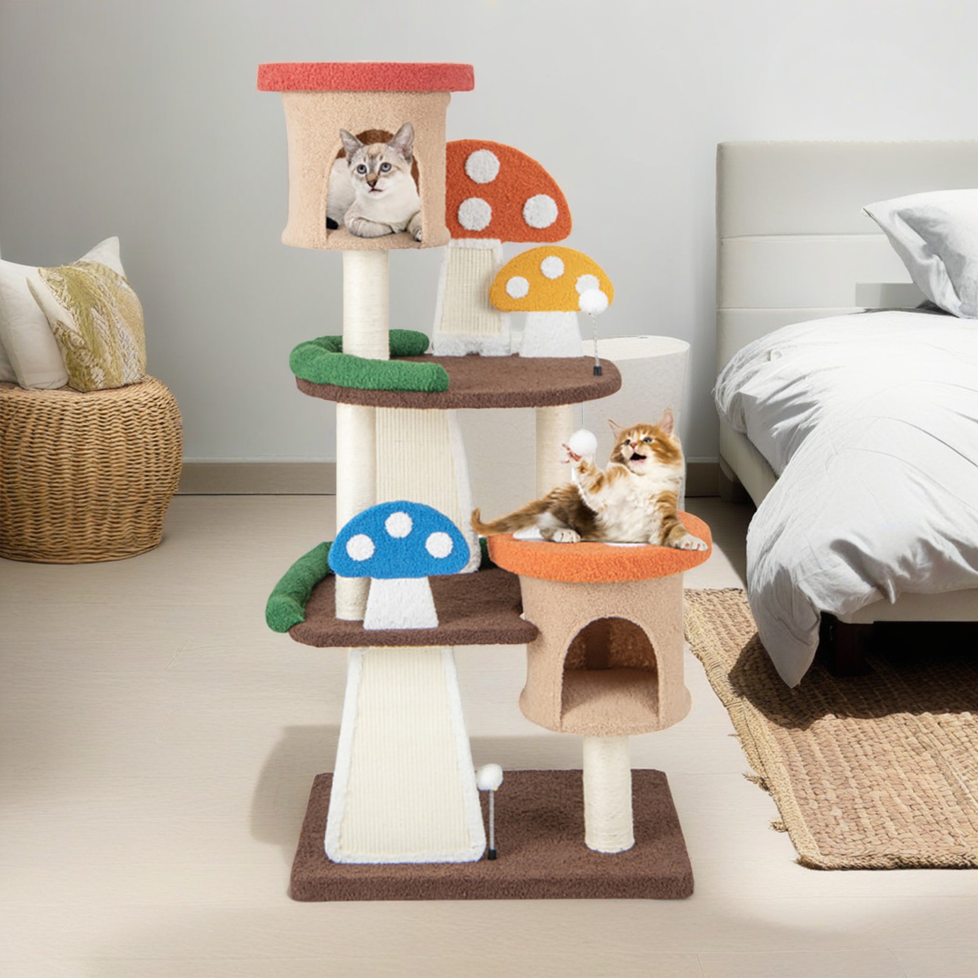 Kadyn 57" Cat Tree Tower with Sisal-Covered Scratching Post, 4-In-1 Mushroom Cat Condo with Padded Perch, for Small Spaces, Kittens, Multicolor