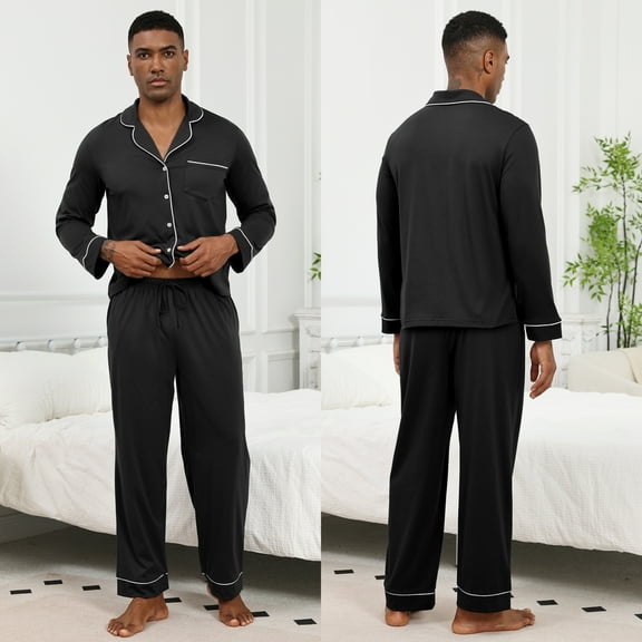 Mens Breathable Jersey Cotton Pajama Set - Button Down Soft Long Sleeve Sleepwear with Side Pockets, Relaxed Fit (Black,S)