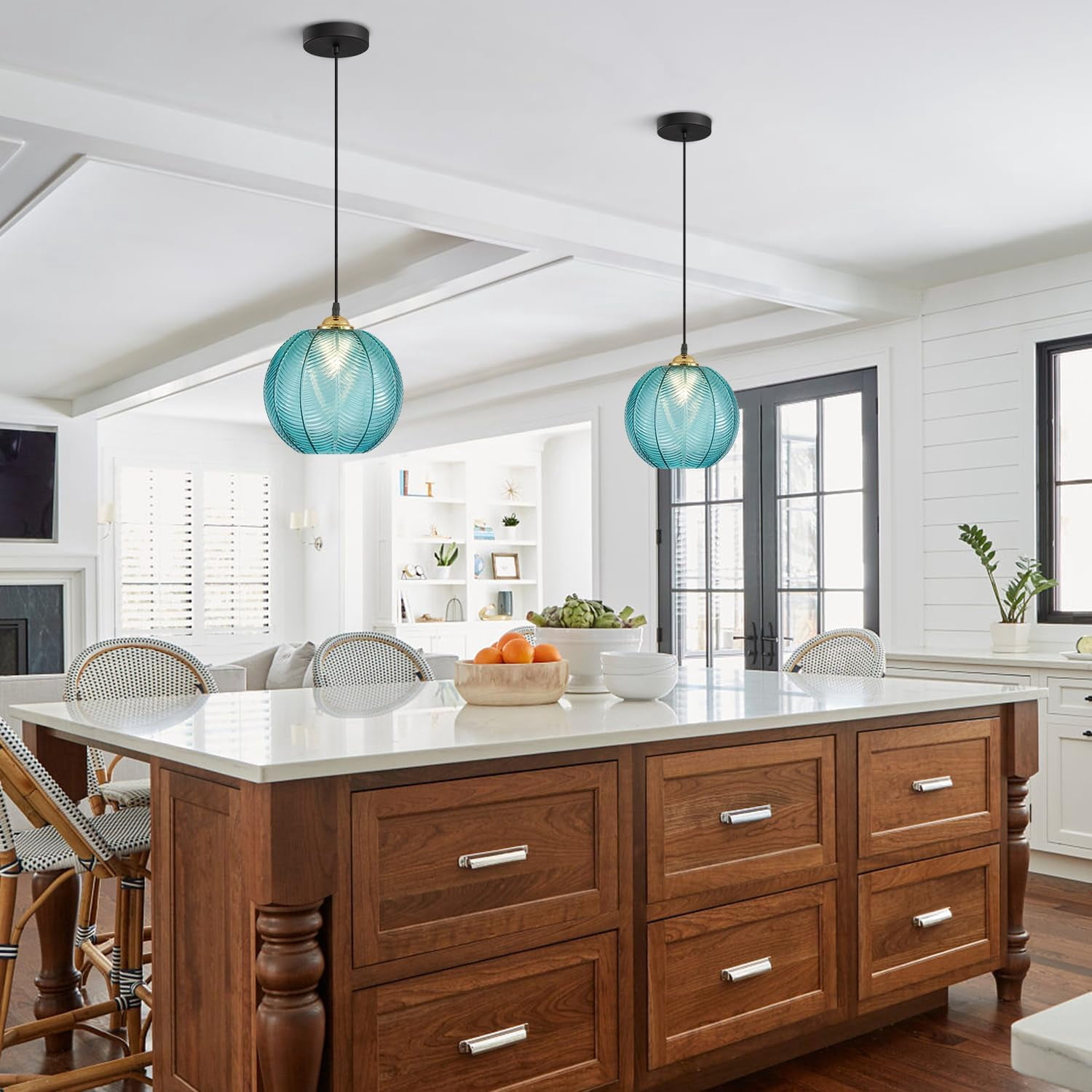 KCO Lighting Mid Century Modern Blue Large Globe Glass Pendant Light, Round Ceiling Hanging Lighting Fixture, Adjustable Cord