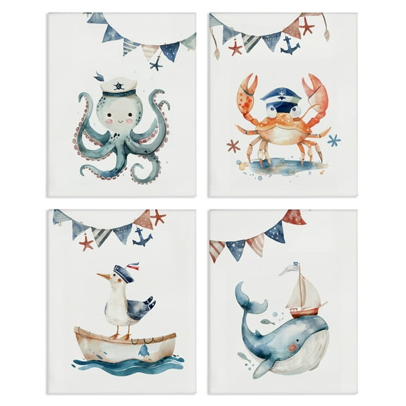 Stupell Industries Maritime Sailor Animals Nautical & Beach Painting Wrapped Canvas Art Print Wall Art, 14 x 11, Set of 4
