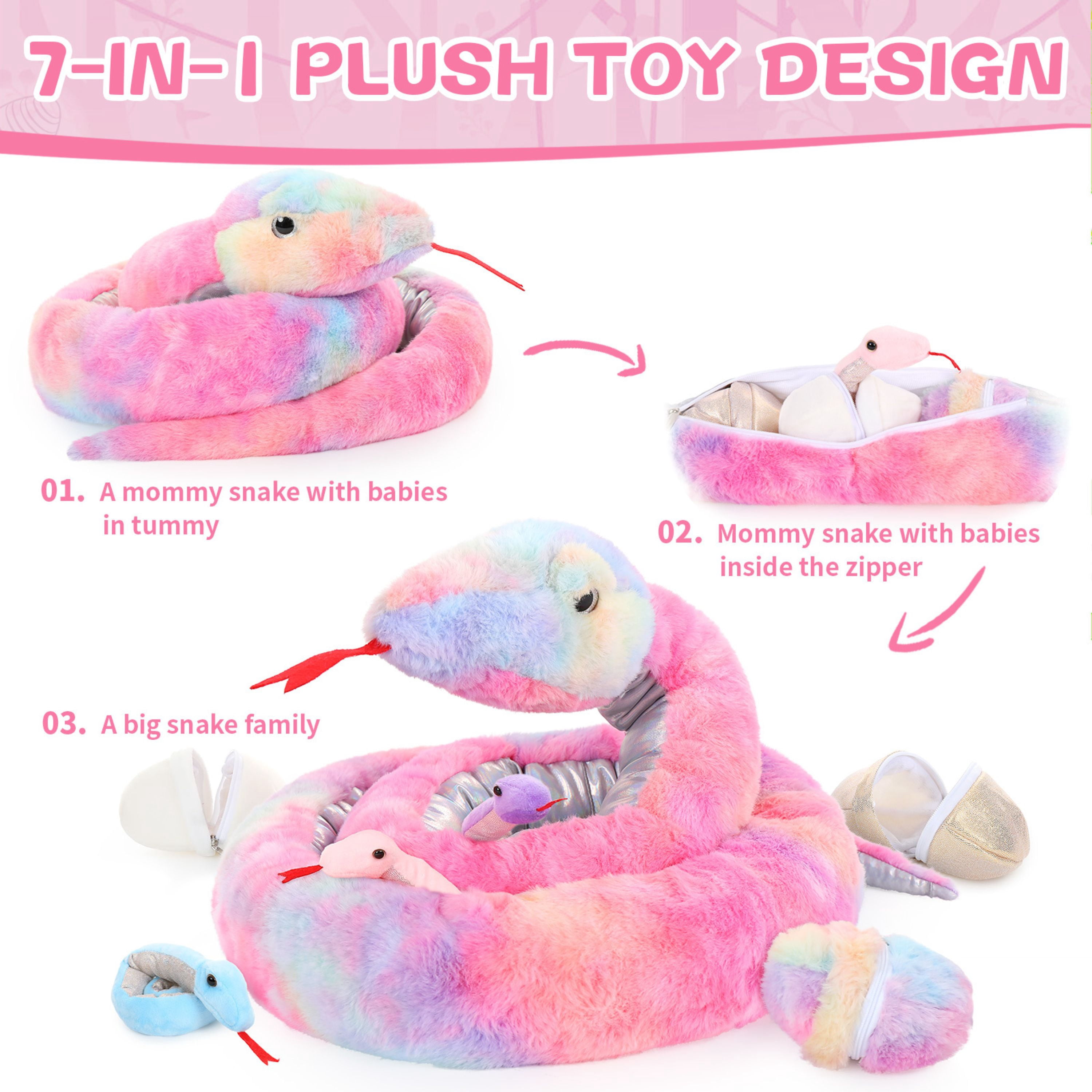 Tezituor 7Pcs Snake Stuffed Animal 79'' Giant Stuffed Snake with 3 Baby Snakes and 3 Eggs Plush Toy