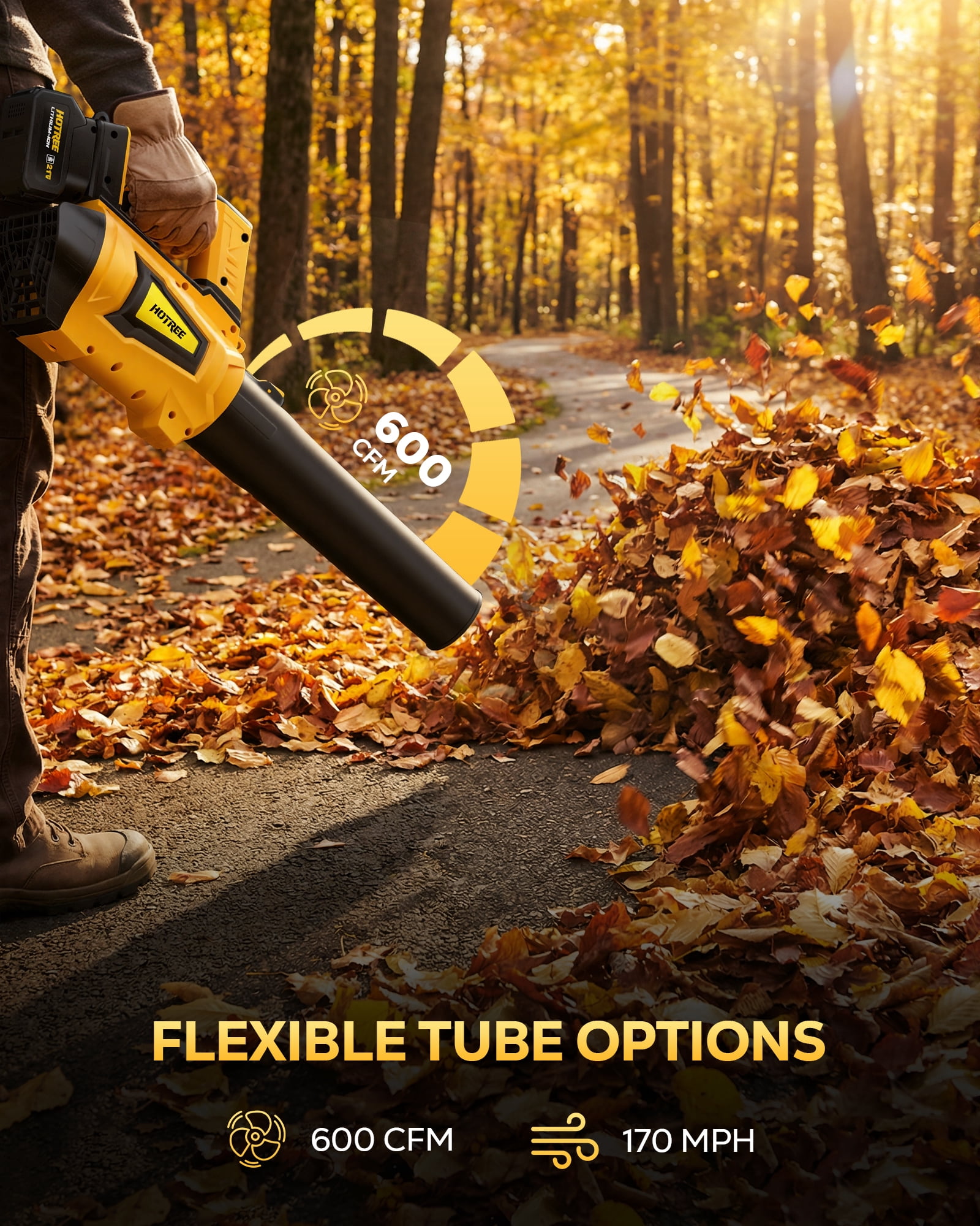 HOTREE Cordless Leaf Blower 600CFM 170MPH 6-Speed Leaf Blower 2x2.0Ah  Lightweight for Lawn Patio Garage
