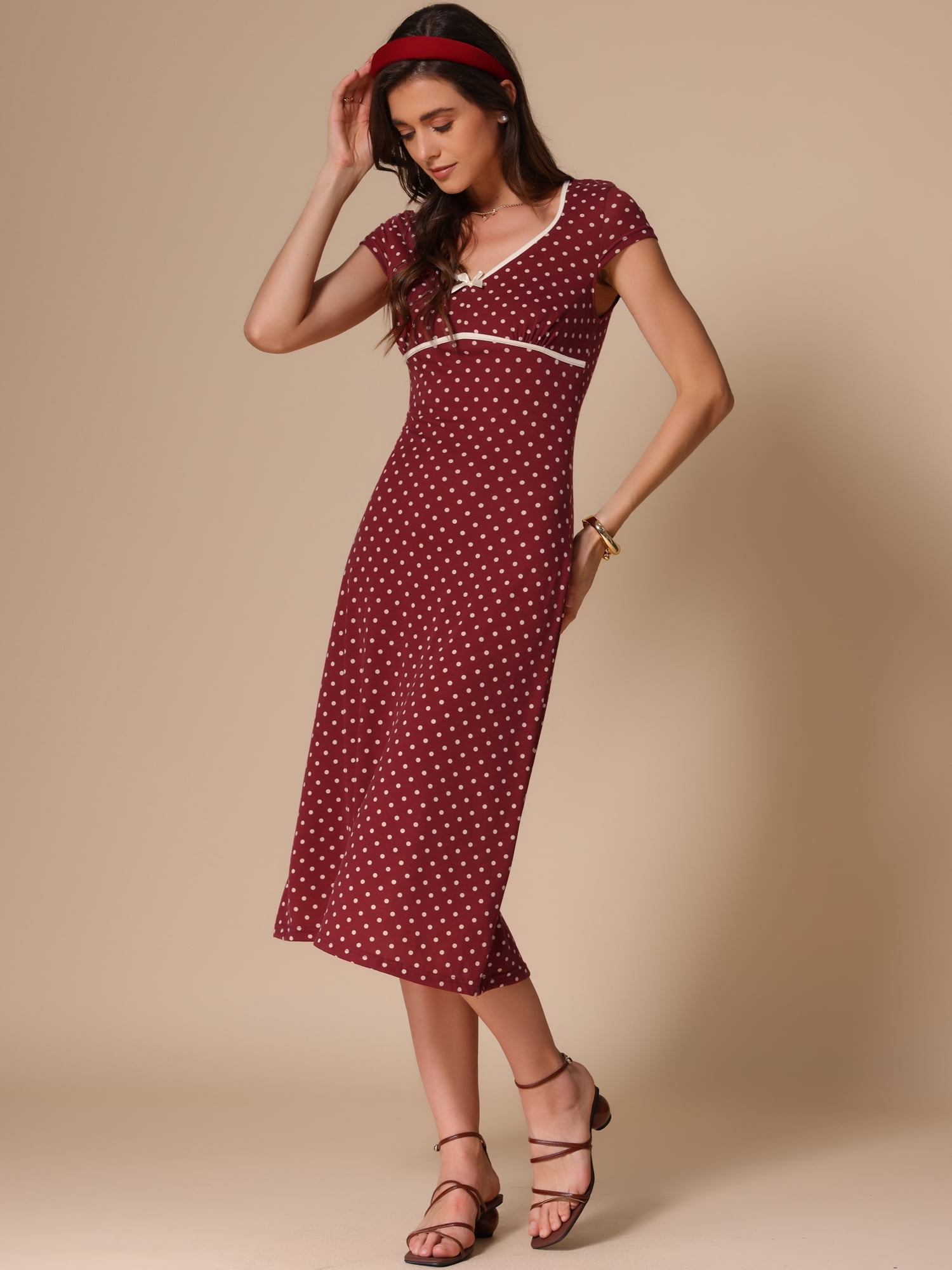 DARING DIVA Vintage Retro Classic Cap Sleeve Midi Polka Dot Dress XL Wine Red