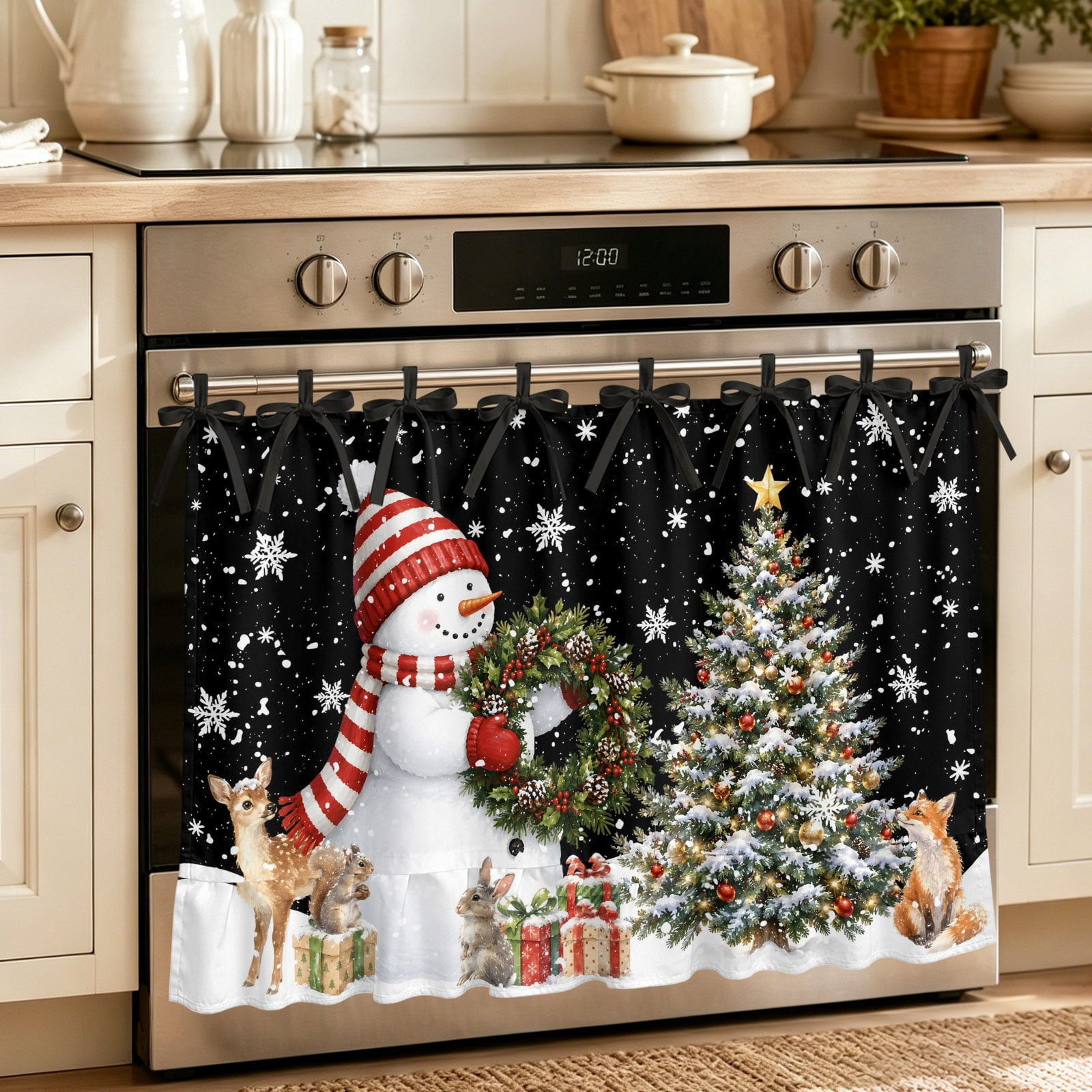 Oven Curtain for Kitchen Winter Christmas Snowman Black Stove Curtain With Ruffled Trim Dishwasher Curtains Xmas Tree Snowflake Reindeer Oven Skirt 27 x20
