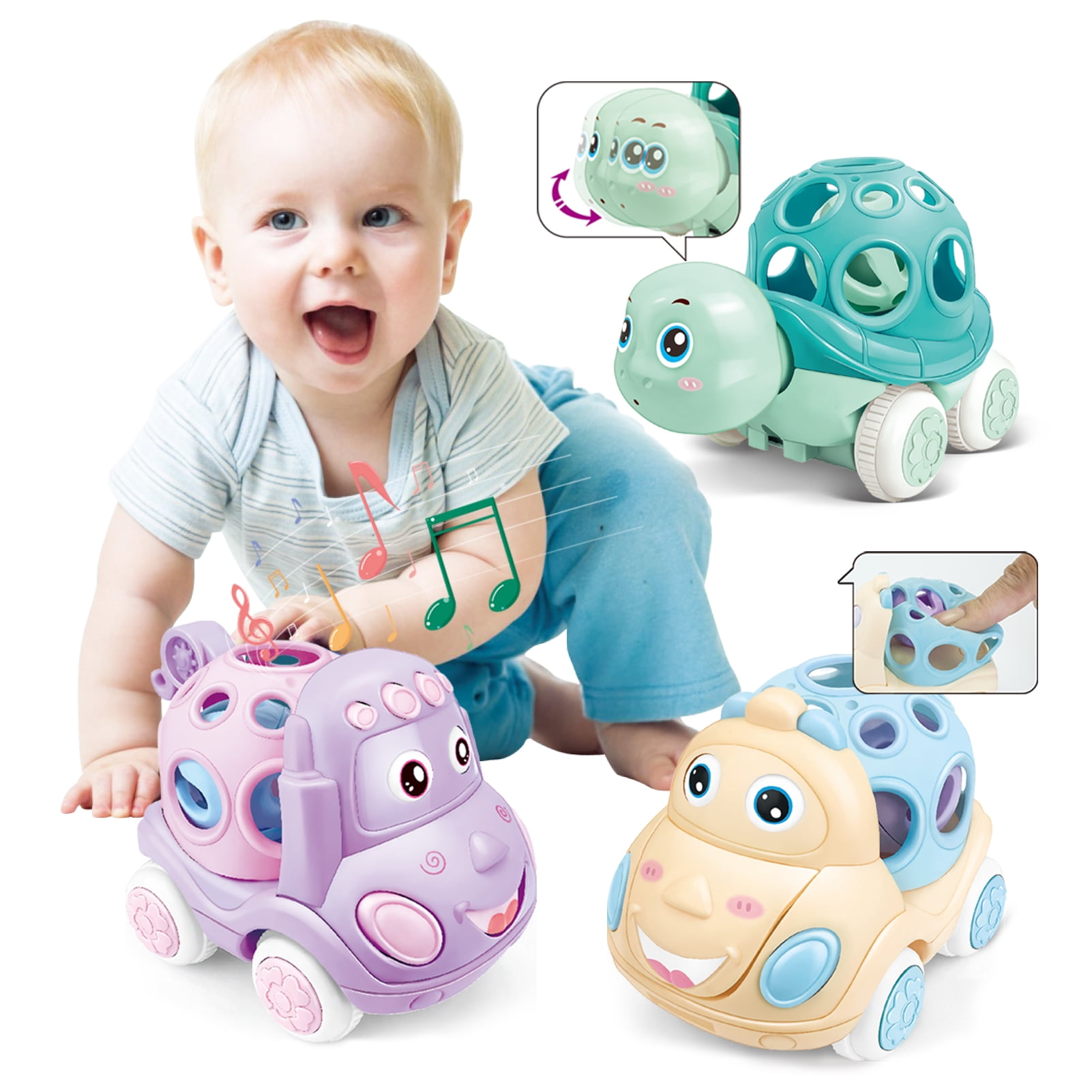 Baby Car Toys for 6 to 12 Months,Infant Soft Rubber Push and Go Vehicles,Toddler Rattle Roll Car Friction Powered Truck Toy,Preschool Learning Gift for 1 2 3 Years Old Boys Girls
