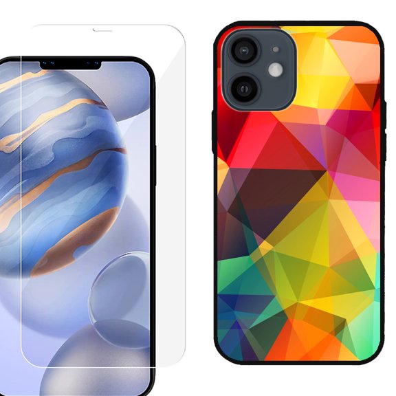 Slim-Fit Protective Phone Case (Black) compatible with iPhone 12 / iPhone 12 Pro, with Tempered Glass Screen Protector, by OneToughShield ® - Polygon