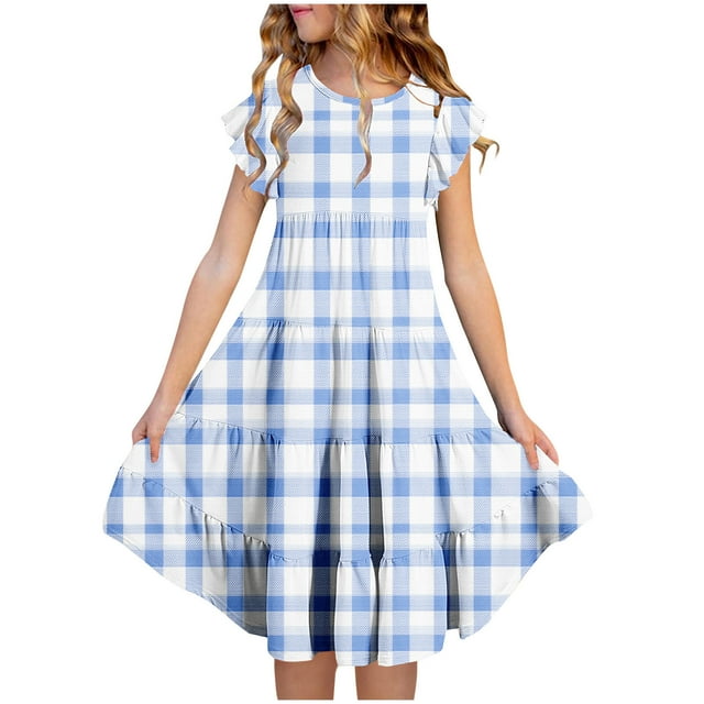 Zpanxa Robes Florales pour Filles Été Manches Courtes Manches Volantées Col Rond Imprimé de Fleurs Taille Poche Robe Superposée Polyester Spandex Bleu 8-9 Ans