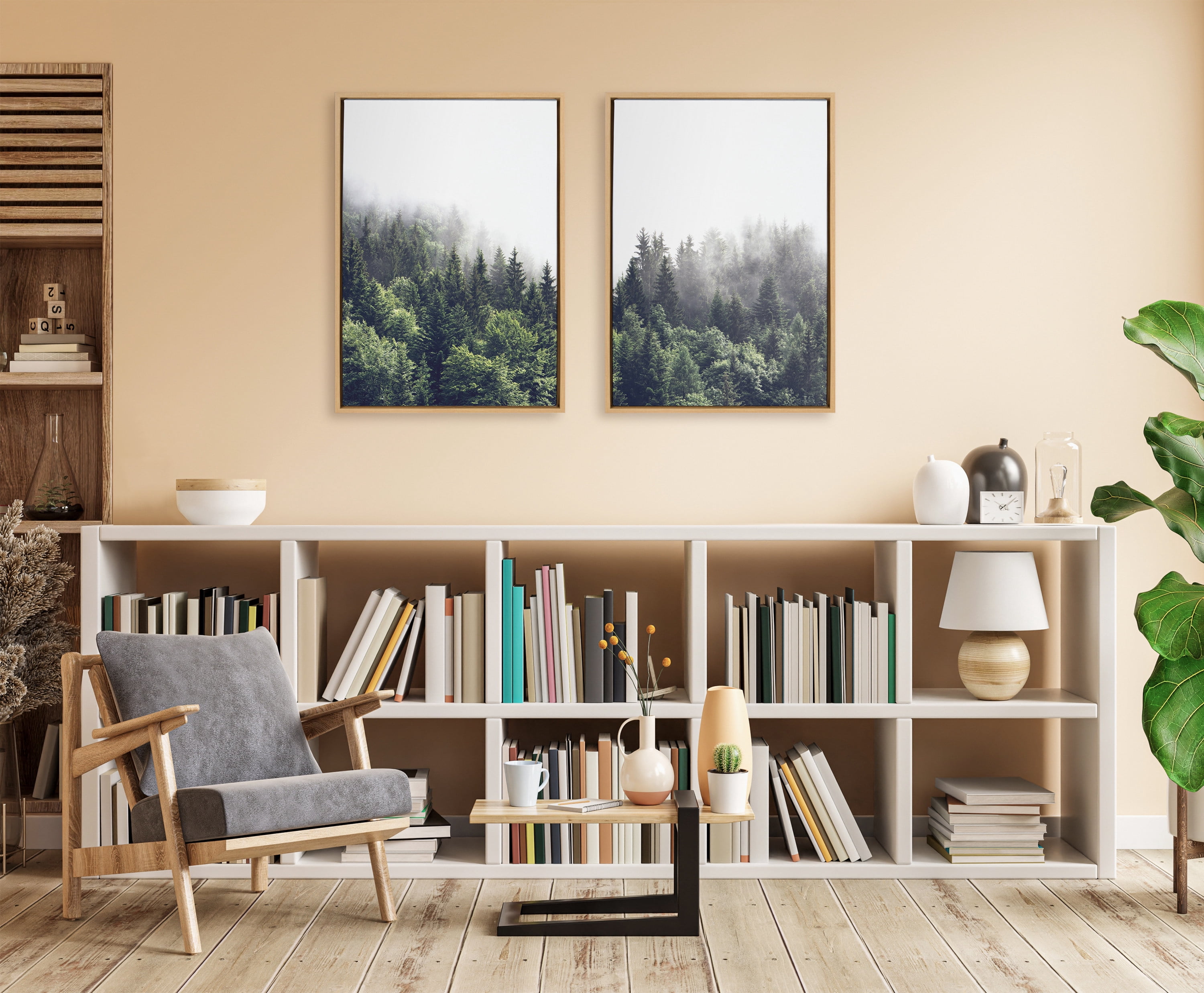Kate and Laurel Sylvie Lush Green Forest on a Foggy Day Left and Right Framed Canvas Wall Art Set by The Creative Bunch Studio, 2 Piece 23x33 Natural, Nature Mountains Landscape Art Set for Wall