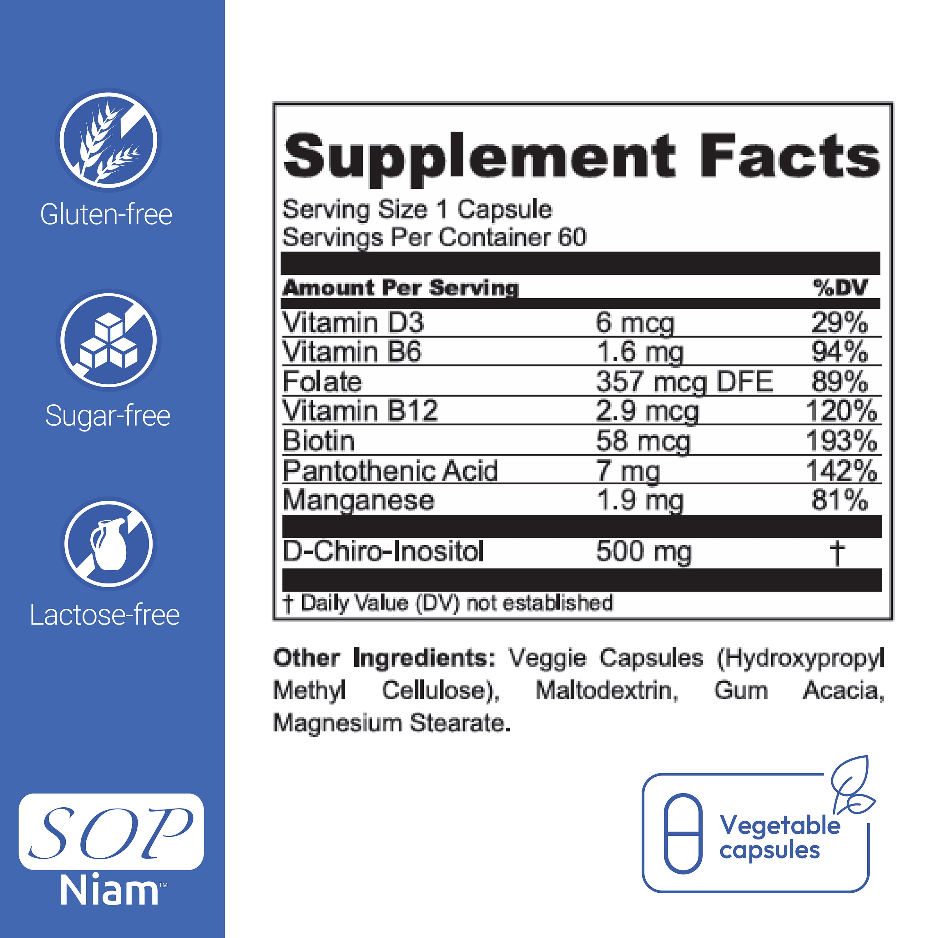 60 Day Supply | D-Chiro Inositol Supplement for PCOS - 475mg | Folic Acid, Vitamin B6, B12, D3 & Biotin | Polycystic Ovary Syndrome | Hormonal Balance | SOP® NIAM