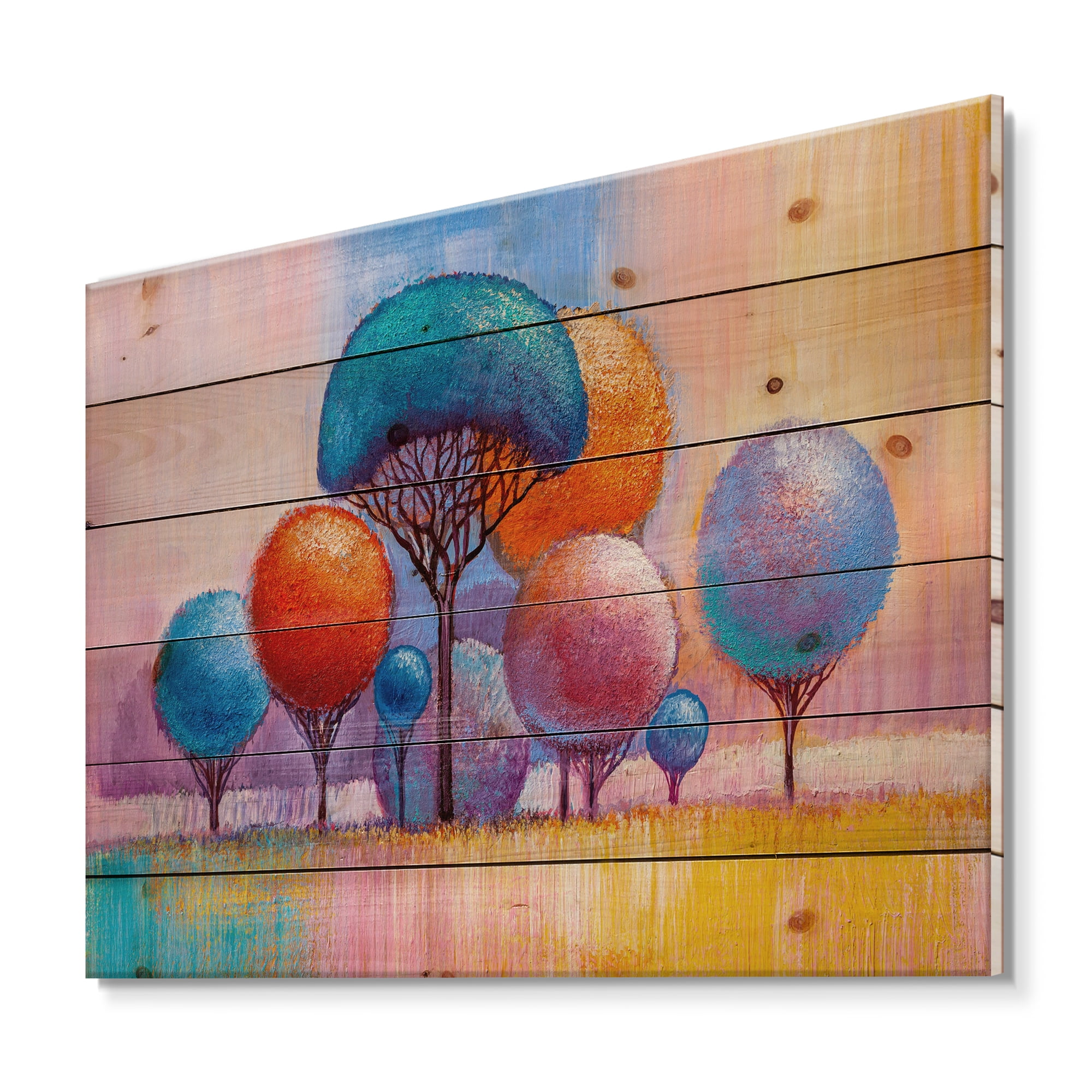 Designart 'Autumn Colorful Fantasy Trees II' Modern Print on Natural Pine Wood