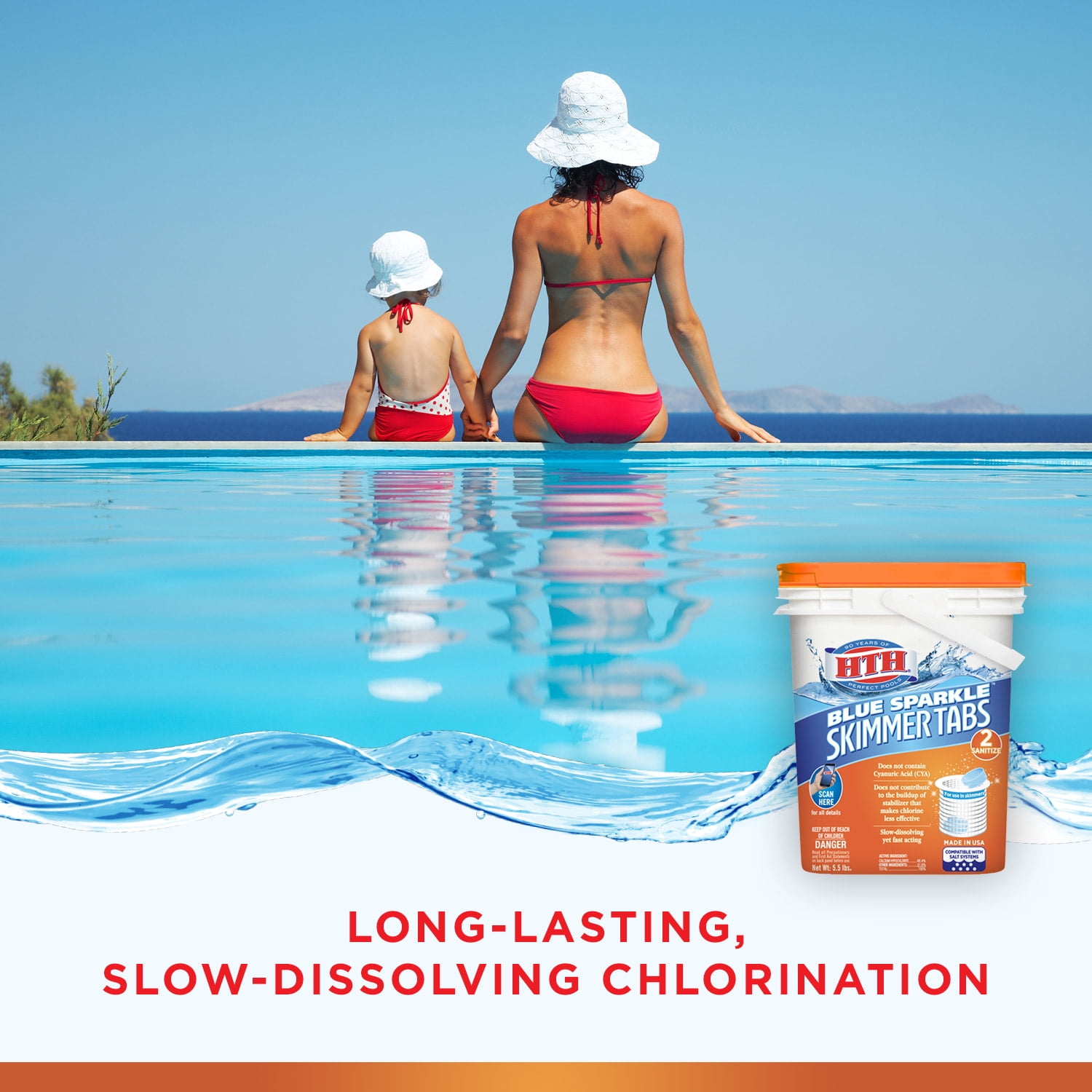 hth Blue Sparkle Skimmer Chlorine Tablets, Unstabilized Sanitizer for pools, 5.5 lbs
