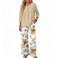 thumbnail image 4 of Two Piece Sets For Women,V Neck 3/4 Sleeve Button Shirts & Printed Wide Leg Long Pants Outfits,Fashion Travel Outfits For Women Holiday Wear, 4 of 6