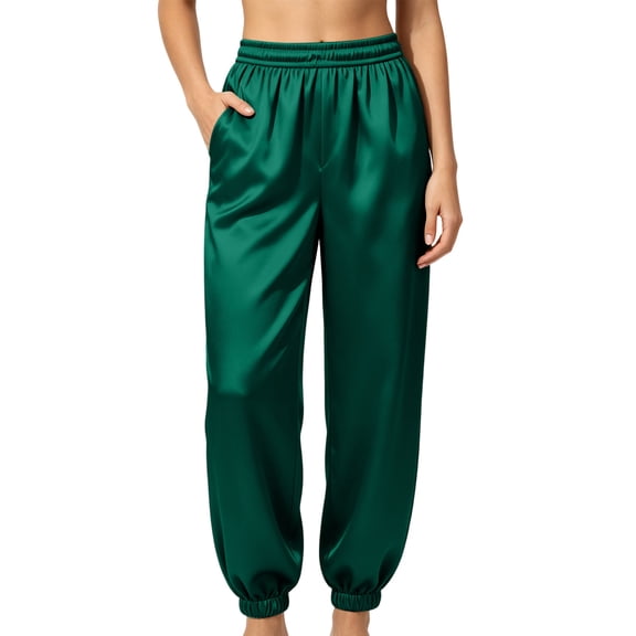 TEAJOPSUU Womens Cuffed Ankle Satin Pants High Elastic Waist Silky Glossy Trousers with Pockets Comfy Pajama Joggers Green