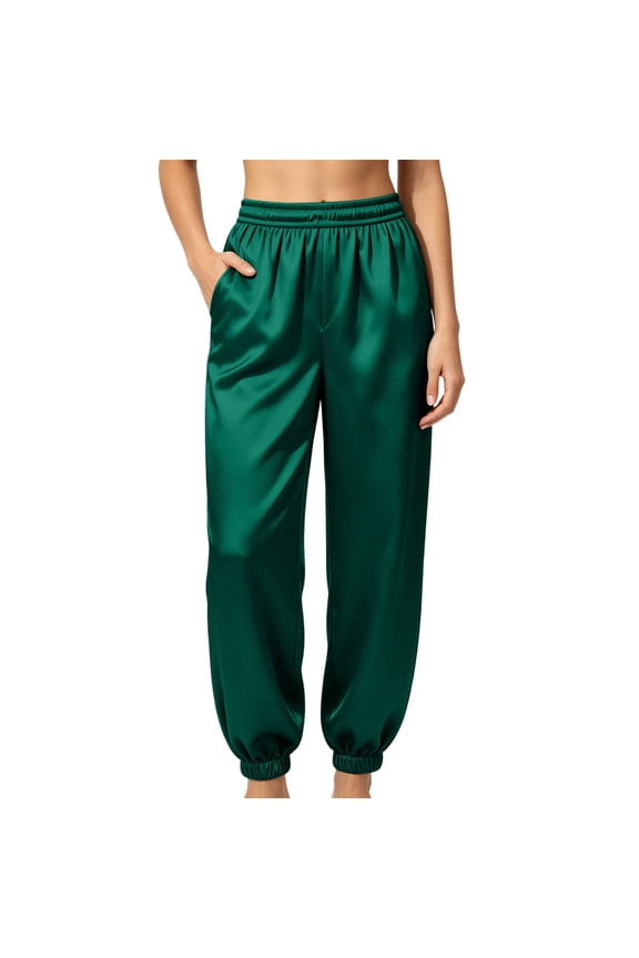 Satin Pajamas Pants For Women Elastic Waist Sleepwear Jogger Pants Summer & Fall Casual Loose Night Lounge Trousers With Pockets