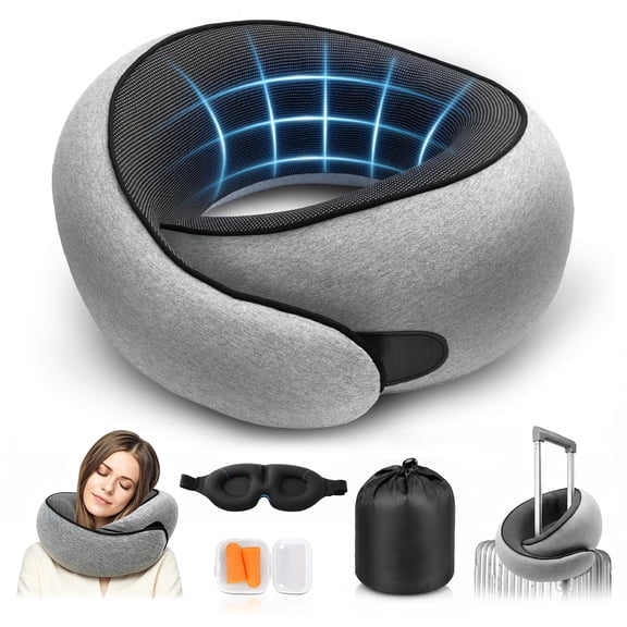 Windur Travel Neck Pillow for Airplane, Memory Foam Neck Pillow for Airplanes, Comfortable Breathable Cover, 360° Support Stowable Pillows for Sleeping/Car, Airport Travel Essentials, Gray