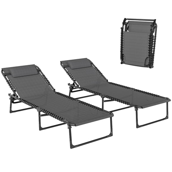 Sun Loungers, Set of 2 Folding Outdoor Reclining Chairs with 4-Position Adjustable Backrest, Steel Frame and Mesh Fabric, Grey