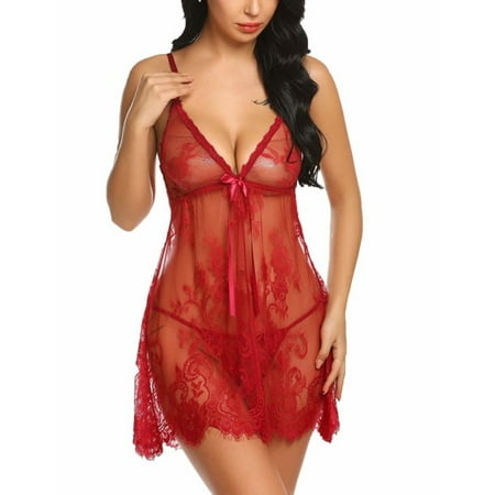 

CLEARANCE Sale! Babydoll Lingerie for Women Lace Chemise Honeymoon V Neck Exotic Open Front Negligee M