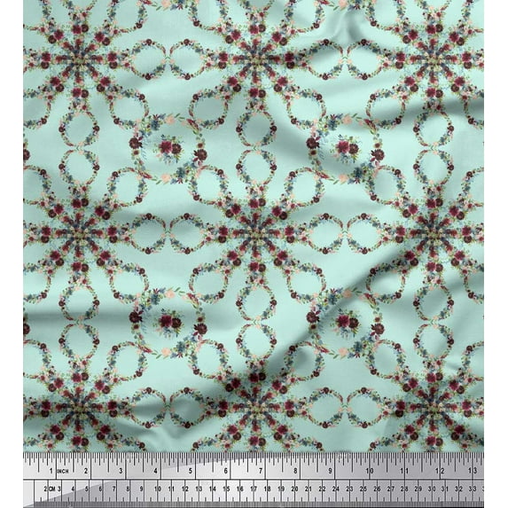 Soimoi Green Viscose Chiffon Fabric Floral Wreath Geometric Print Sewing Fabric Yard 42 Inch Wide