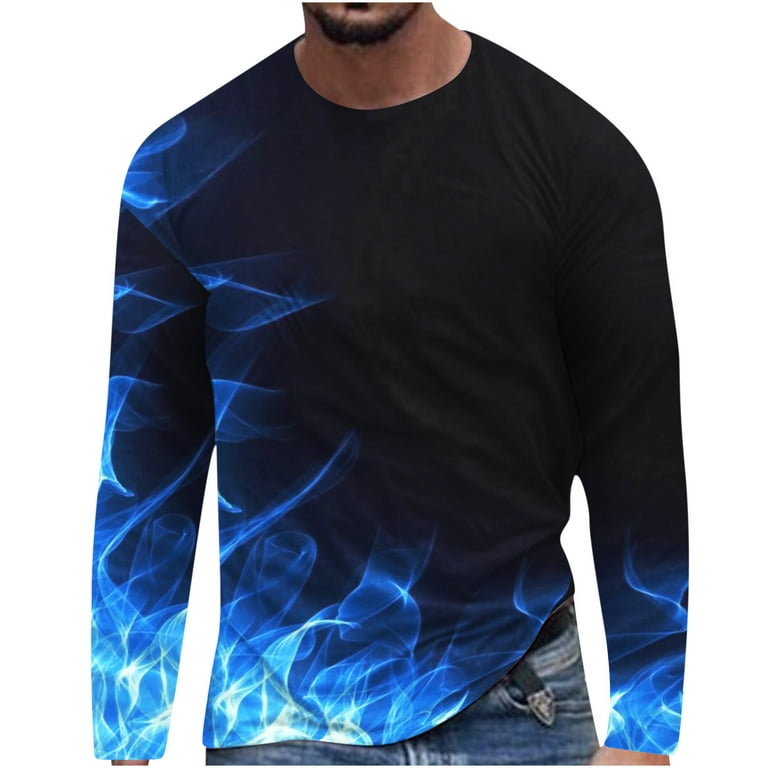 QIPOPIQ Clearance Shirts for Men Crew Neck Long Sleeve 3D Prints T-shirt  Loose Pullover Top Tee Shirts Black L 