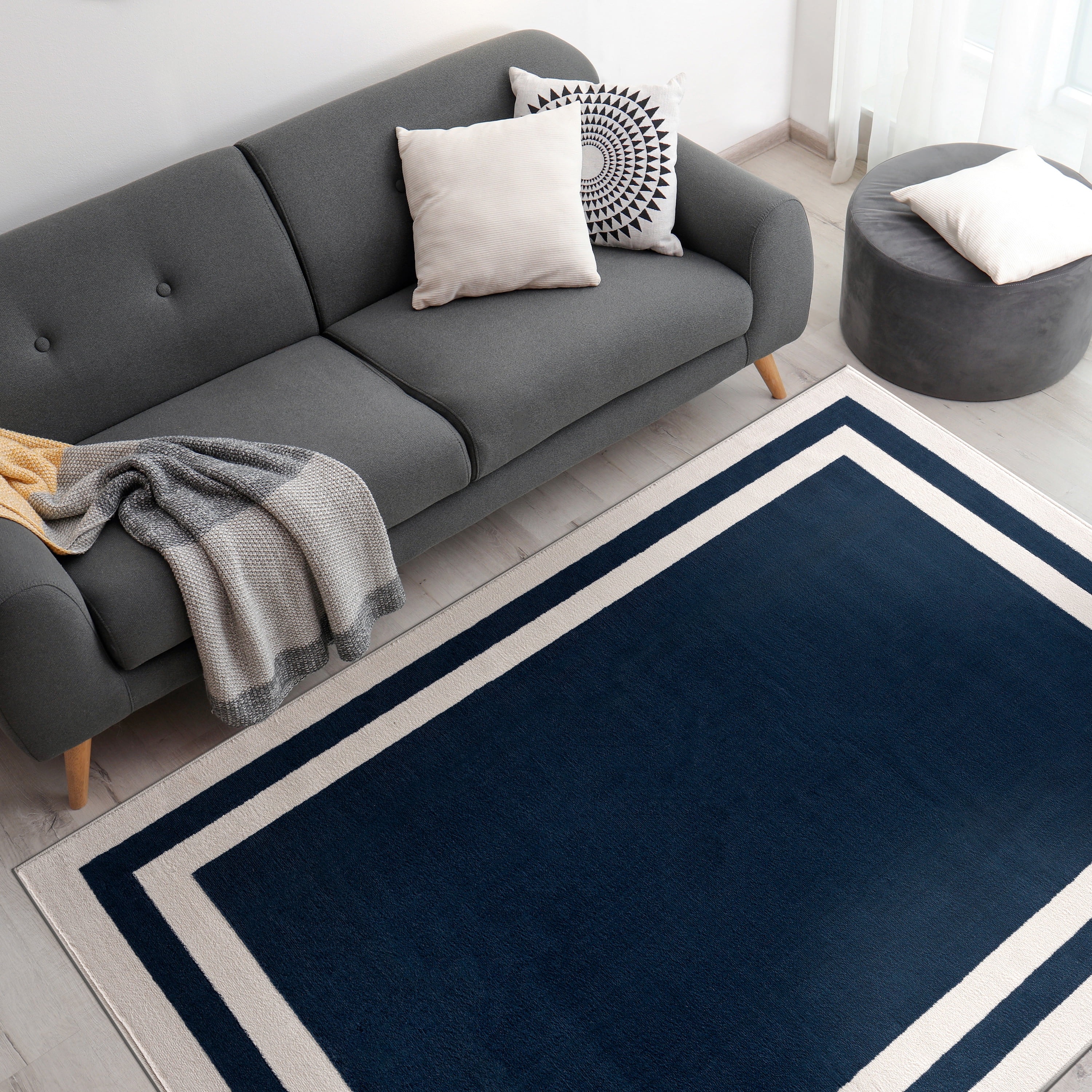 CAMILSON Crystal Navy Blue Area Rug, 5'3" x 7' Bordered, for Living Room, Bedroom, Dining Room Navy Blue / Cream Indoor Area Rugs