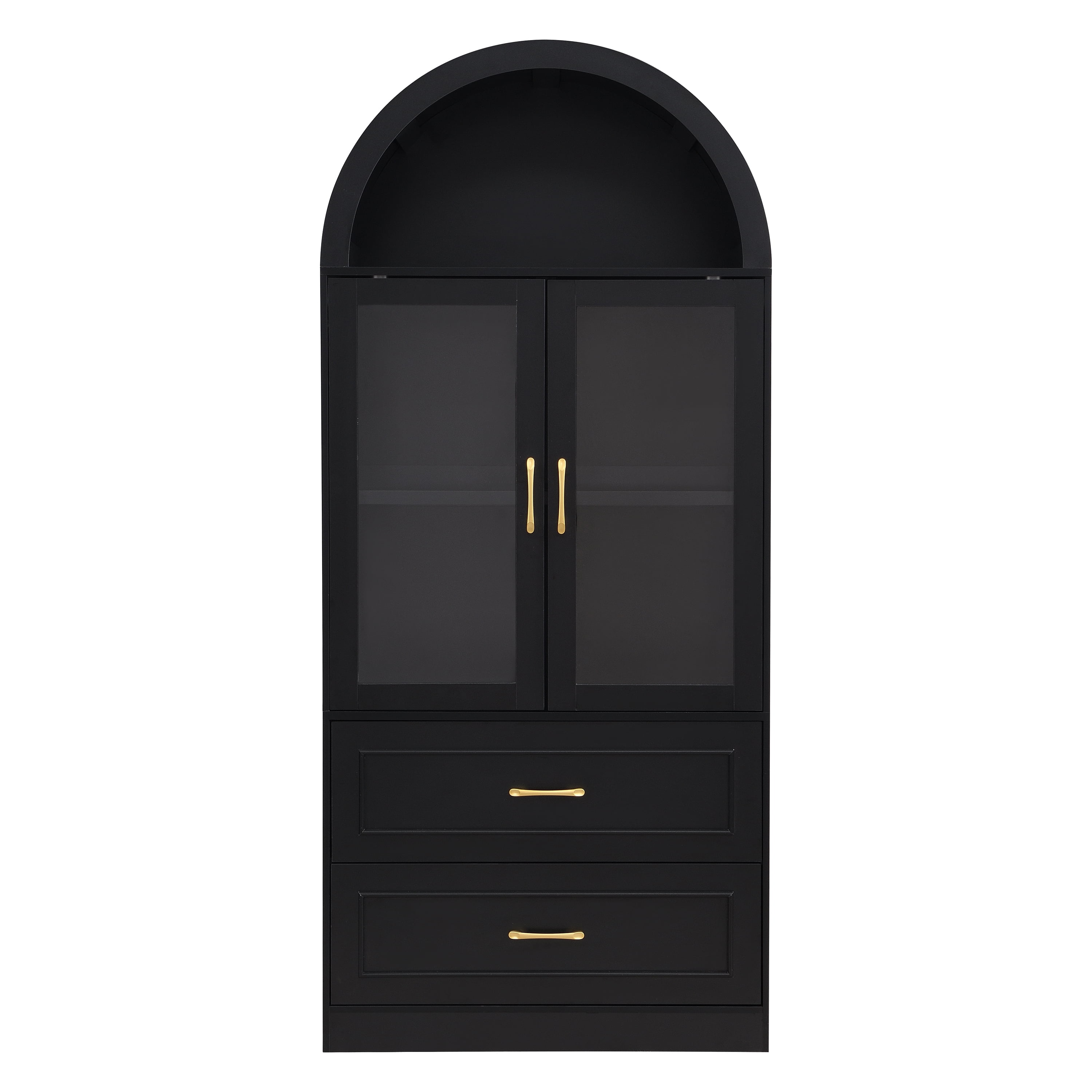 Mintazer Arched Top Tall Display Cabinet, Curved Bookcase with Glass Doors & 2 Large Drawers, Modern Freestanding Storage Hutch for Living Room Dining Room Study, Black