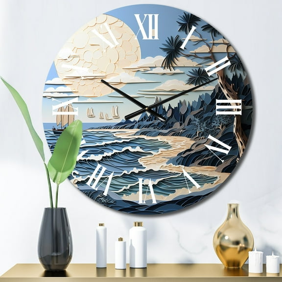Designart "Beach Boat gracefulness Papercut I" Beach Oversized Wall Clock