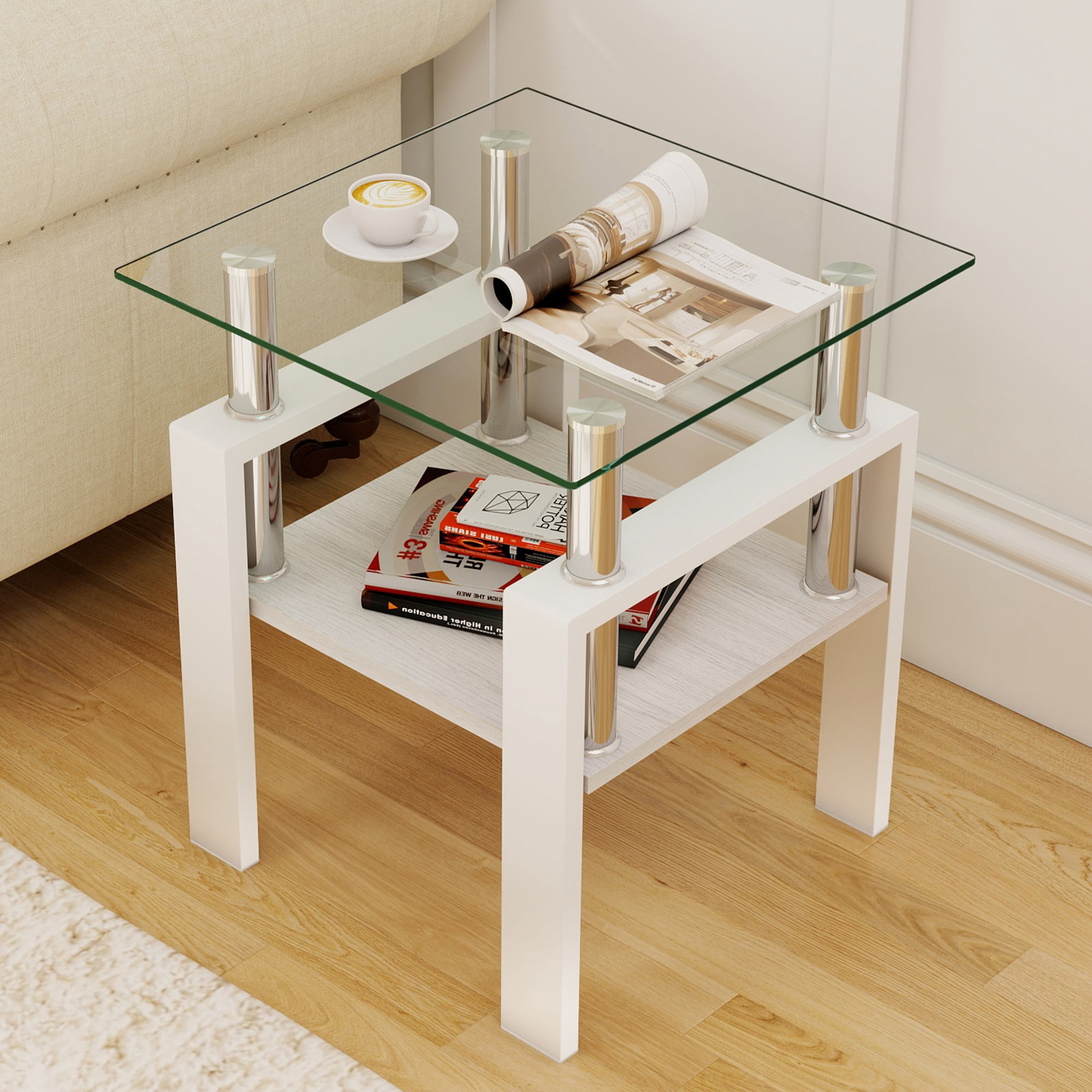 Euroco Set of 2 Modern Tempered Glass Tea Table,Tempered Glass Tabletop with MDF Layer,Coffee Table,End Table, Square Table for Living Room, Transparent/white