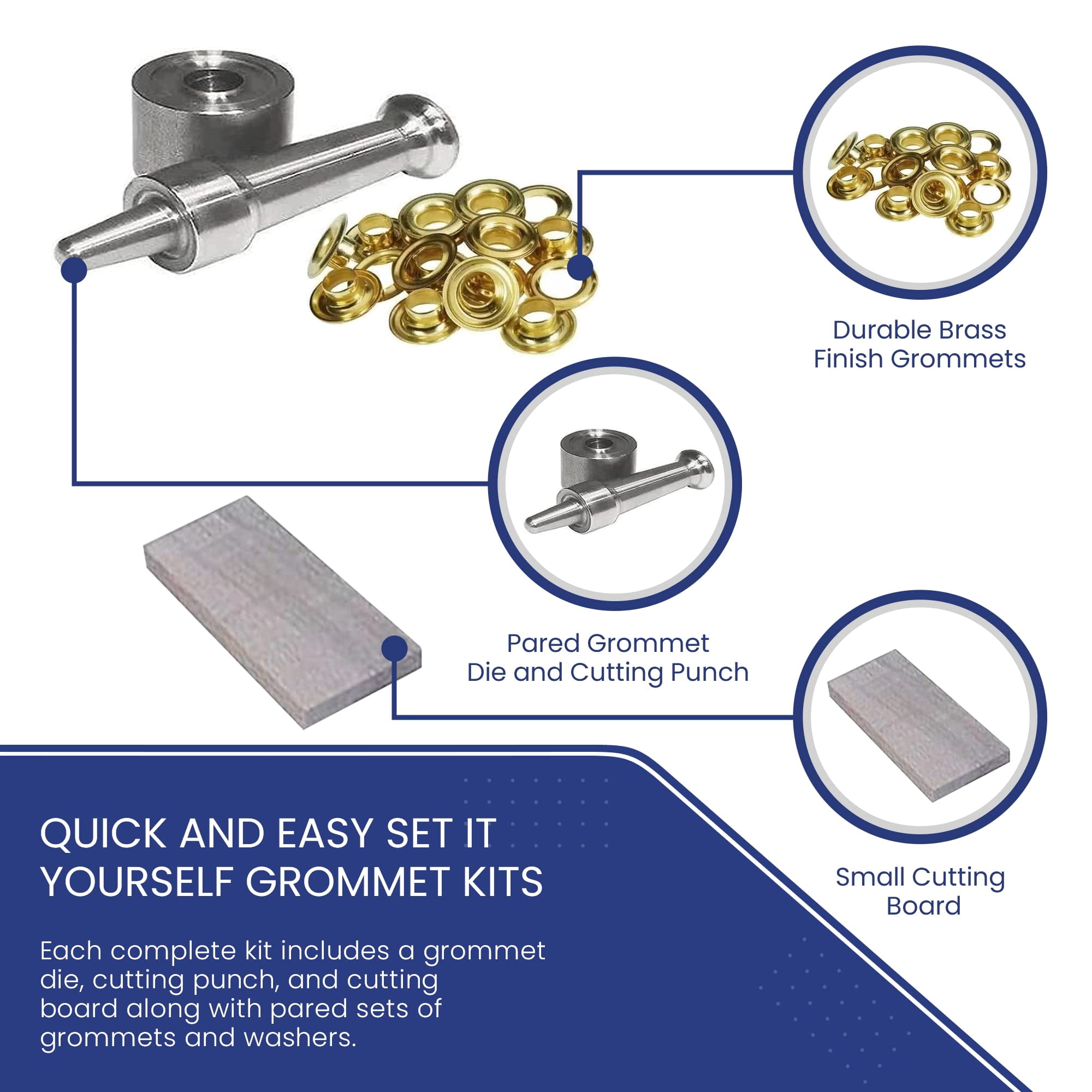Tarps Now ® Grommet Tool Kit #00 (3/16" Hole) with Grommet Die Cutting Punch, Small Cutting Board, and Paired Sets of Grommets and Washers for Tarp Repair or Addition (36 ct), Brass Finish
