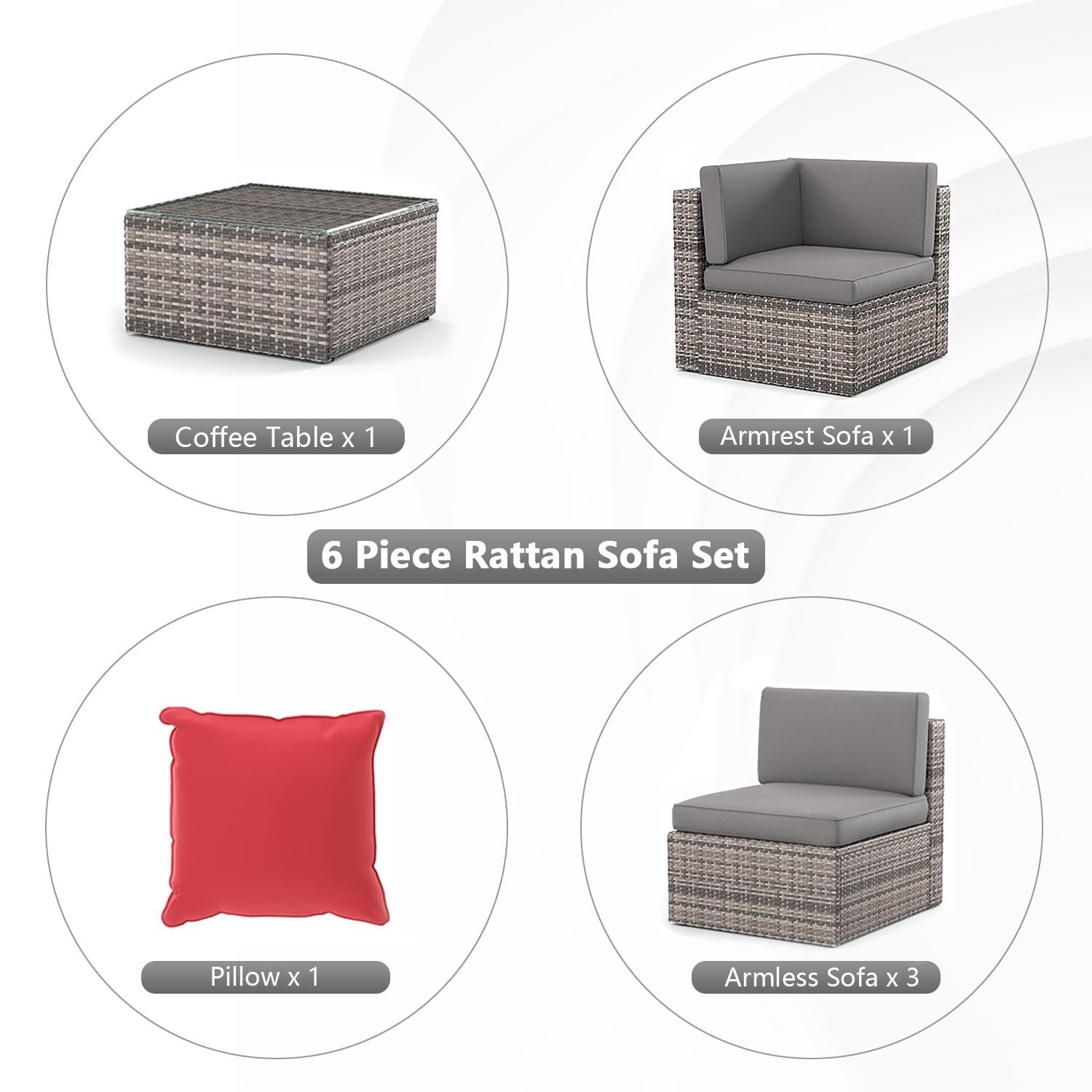 BaPiPro 5pcs Outdoor Patio Furniture Set, PE Rattan Wicker Sectional Conversation Set with Glass Coffee Table,Gray