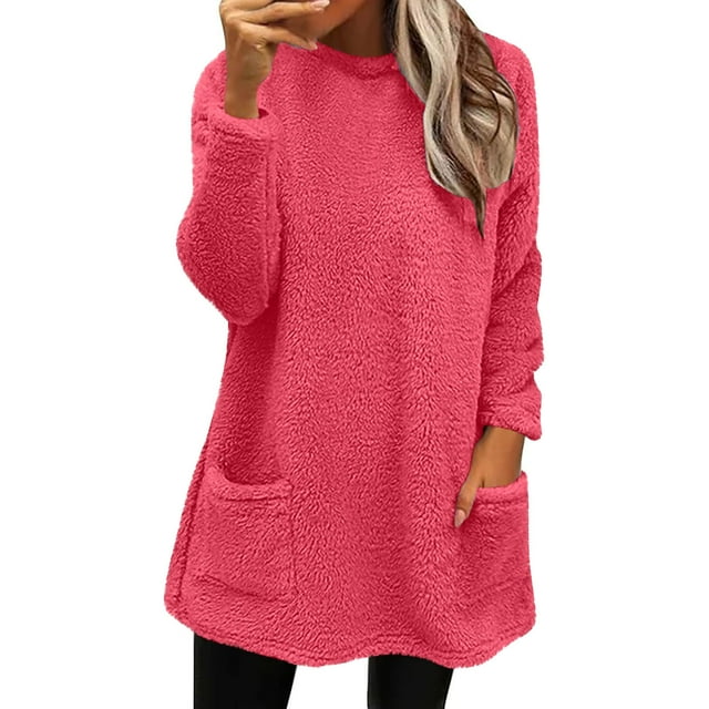 ZMFXJPE Chandail Chaud pour Femmes Chandail Molletonné pour Femmes Chandail Duveteux pour Femmes Chandail à Enfiler Hauts pour Femmes Hauts d'Hiver Femmes (Rose Vif,G)