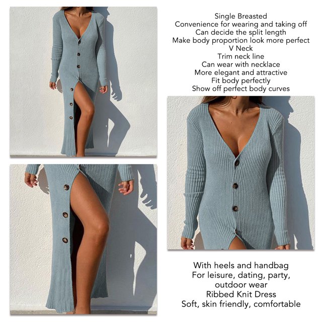 Robe Chandail Longue en Tricot à Col en V Profond pour Femmes avec Boutons, Manches Longues, Robe Maxi