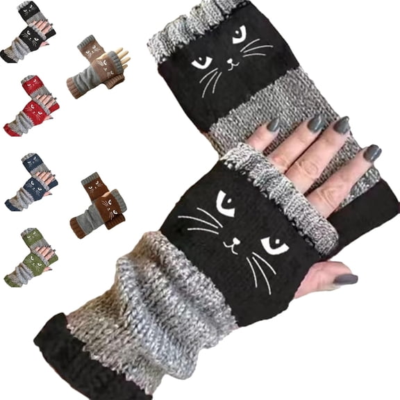 Cat Embroidery Splicing Knitted Gloves Warm Gloves Fashion Leaky Finger Casual Women's Glove