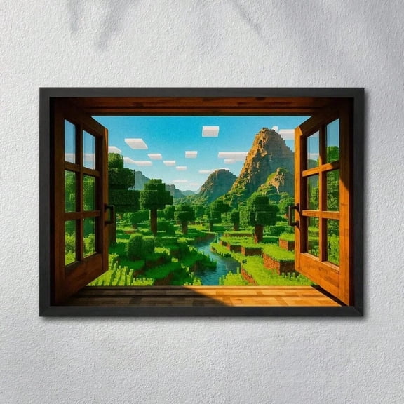 Minimalist Canvas Print 1pc, Wall Art, Game Posters, Build Game Theme, Green Forest Pattern, Steve Craft Art, Mine World Picture, Field Of Blocks Game Decoration, Gaming Room Decoration, Framele