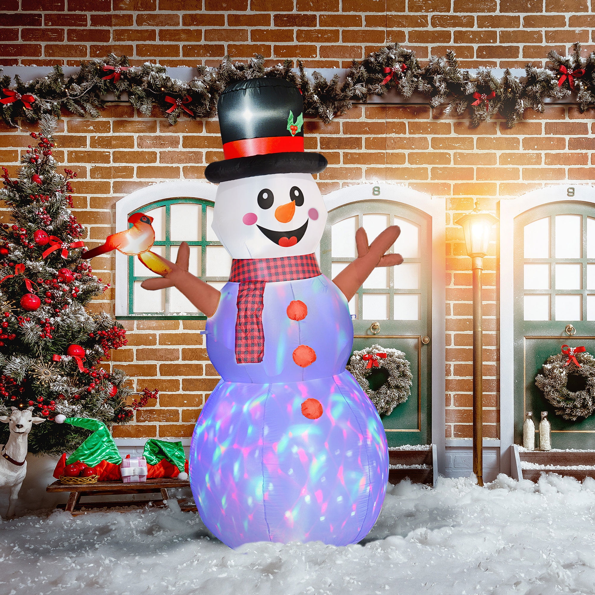 6ft Christmas Inflatable Snowman with Branch Hands LED Rotating Colorful Light Outdoor Yard Decoration